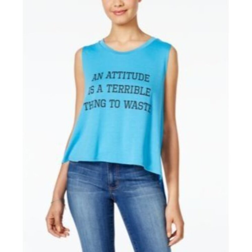Rebellious One Junior’s High-Low Graphic Tank Top, Neon Blue,